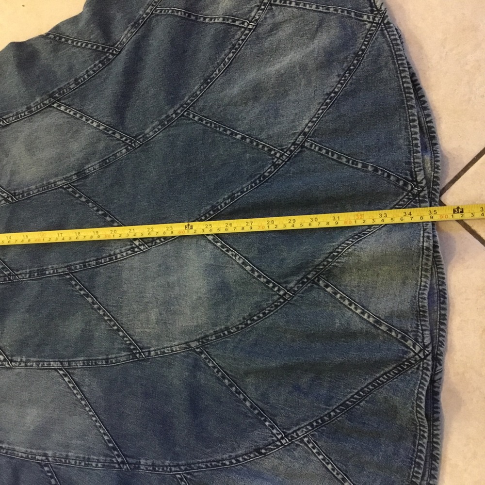 Blue Patchwork Denim Skirt‎ Vintage XL A-Line Elastic Back Boho Midi 100 Cotton - Picture 6 of 8